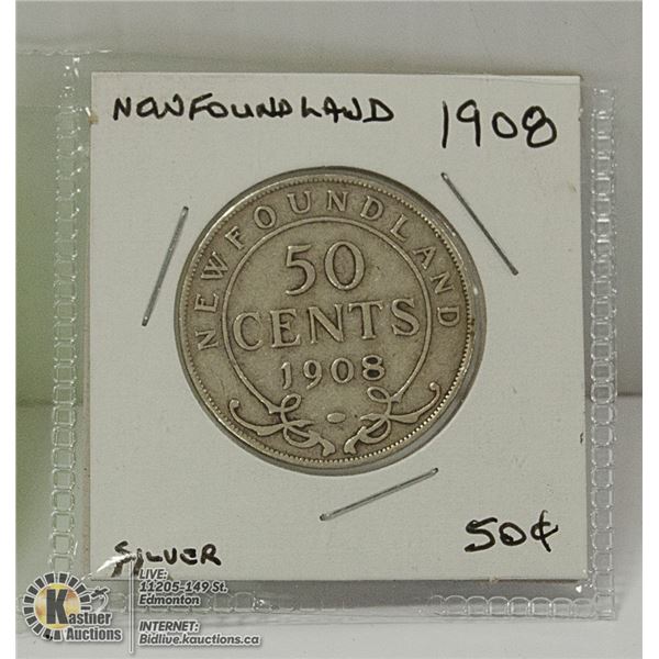 1908 NEWFOUNDLAND  FIFTY CENT SILVER COIN.