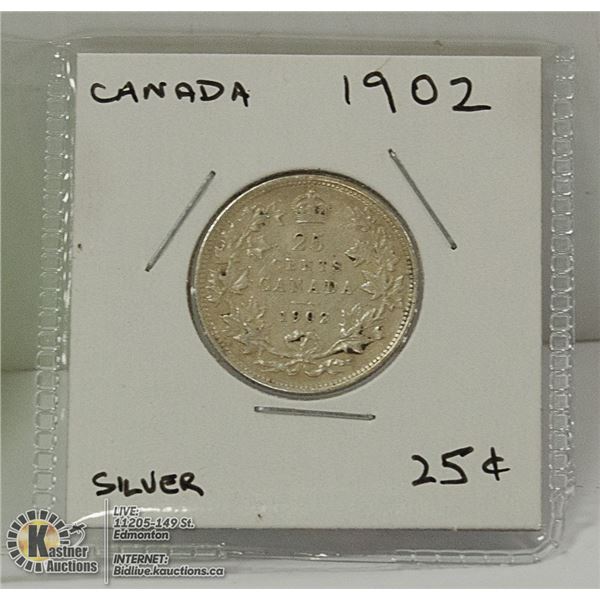 1902 CANADIAN TWENTY FIVE CENT SILVER COIN.