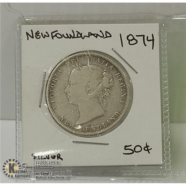 1874 NEWFOUNDLAND  FIFTY CENT SILVER COIN.
