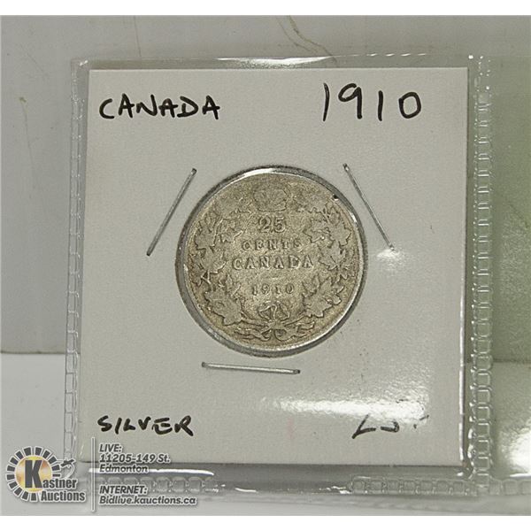 1910 CANADIAN TWENTY FIVE CENT SILVER COIN.