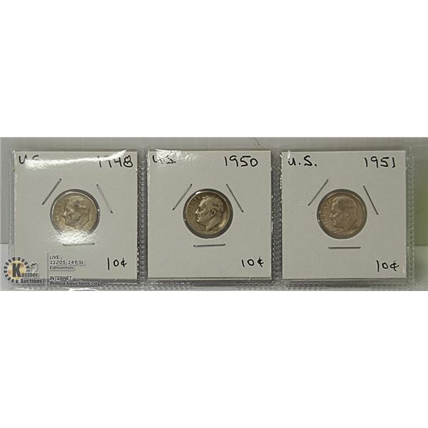 1948, 1950, 1951 USA ROOSEVELT DIMES.
