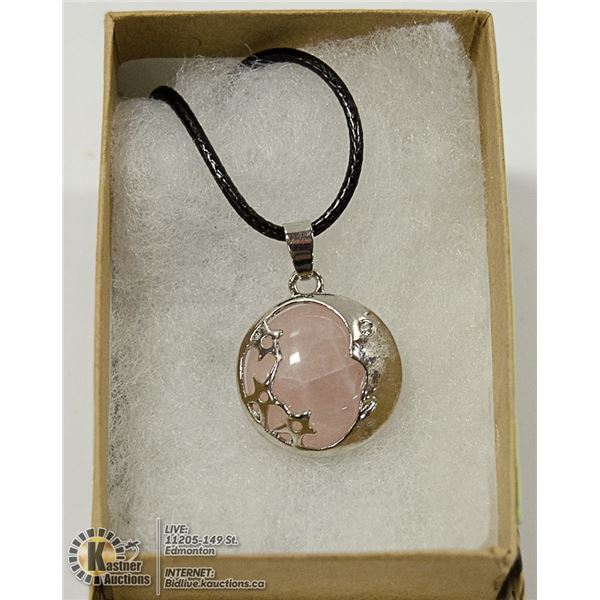 ROSE QUARTZ STONE WRAPPED IN MOON & STARS NECKLACE