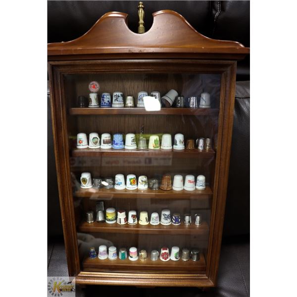 CUSTOM WOOD DISPLAY CASE W/ 55 SEWING THIMBLES