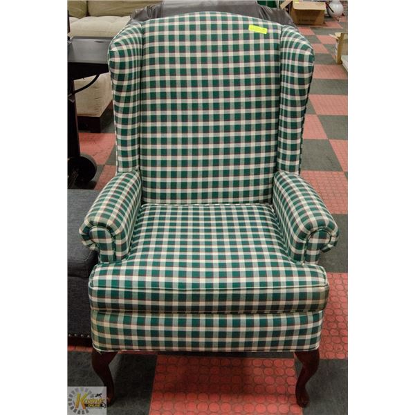 SEARS BRAND PLAID WINGBACK CHAIR 41" X 28"