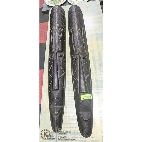 2 WALL HANGING WOOD MASKS 39" LONG