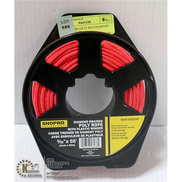 NEW SHOPRO 66 FT RED DIAMOND BRAIDED ROPE