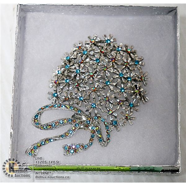 LARGE FLORAL BOUQUET RHINESTONE BROOCH