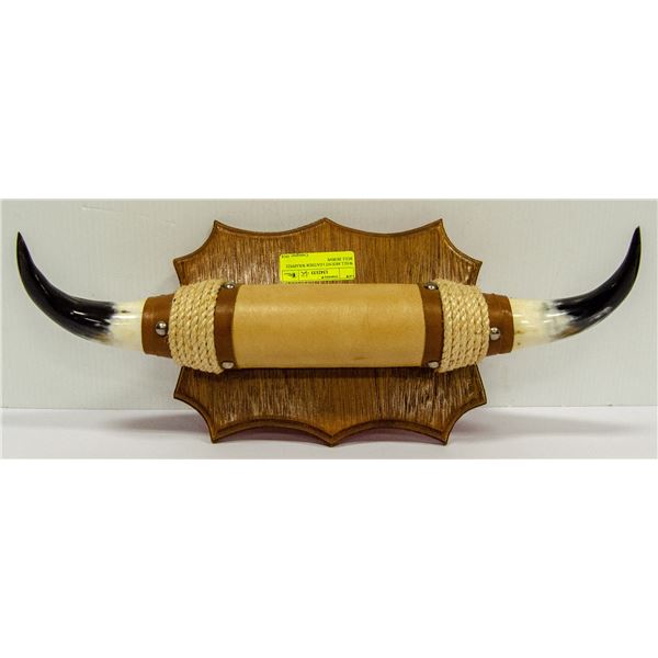 WALL MOUNT LEATHER WRAPPED BULL HORNS