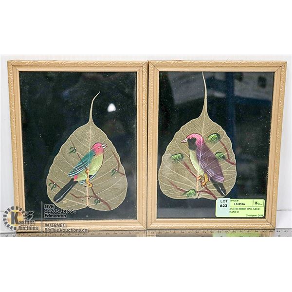 2 HANDPAINTED BIRDS ON LARGE LEAVES FRAMED