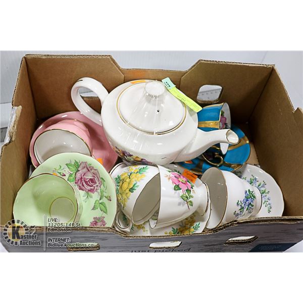 6 CHINA CUPS SAUCERS AND 1 TEAPOT