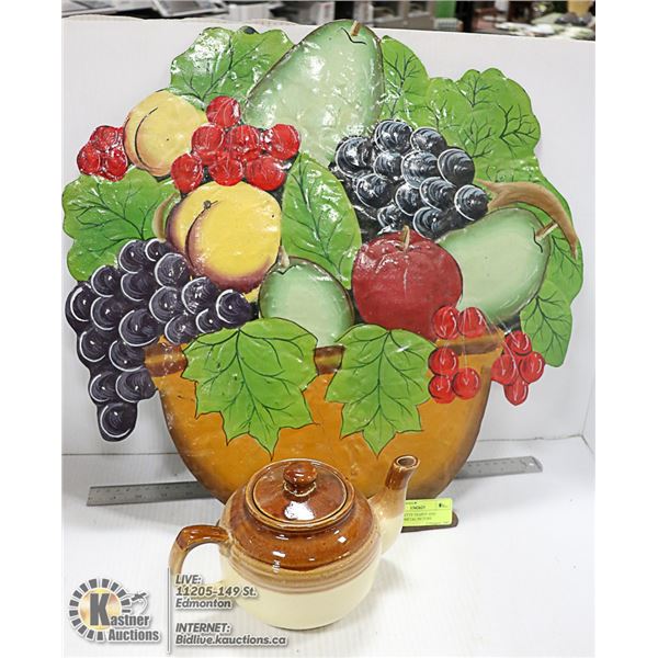 BROWN BETTY TEAPOT AND ANTIQUE METAL PICTURE