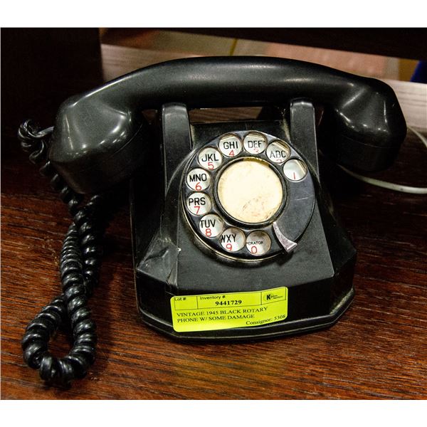 VINTAGE 1945 BLACK ROTARY PHONE W/ SOME DAMAGE