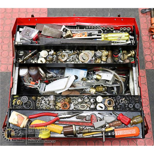 RED TOOLBOX FULL OF PLUMBERS TOOLS