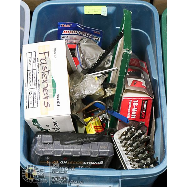 BLUE TOTE FULL OF DRILL BITS AND TOOLS