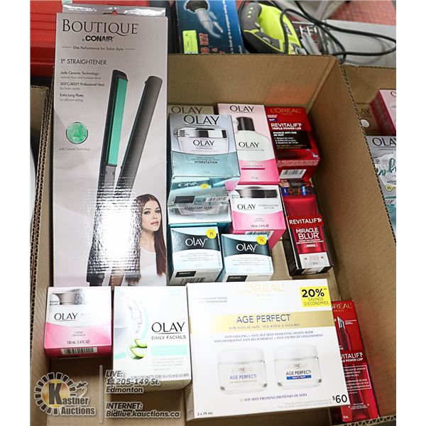 FLAT OF OLAY PRODUCTS AND A HAIR STRAIGHTENER