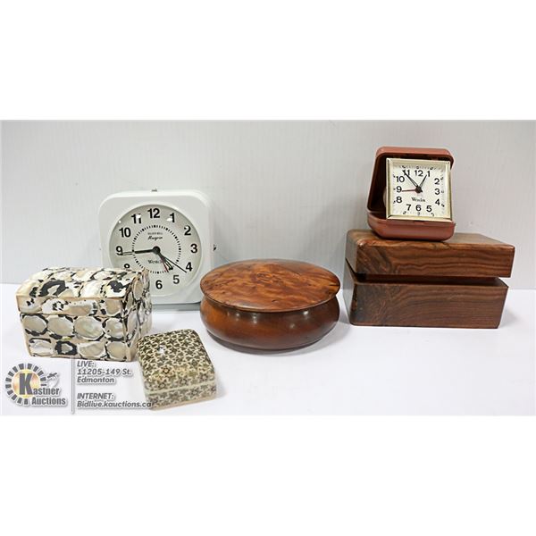 WESTCLOX CLOCKS & LOT OF WOODEN TRINKET BOXES