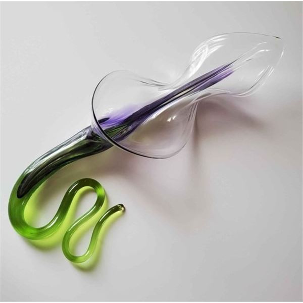 LARGE PURPLE & GREEN FLOWER ART GLASS SCULPTURE BY