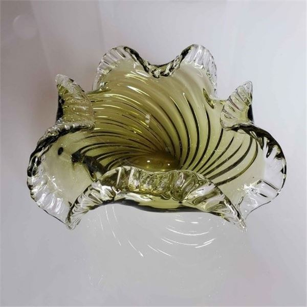 CHALET GLASS BOWL  GREEN SWIRL SIGNED