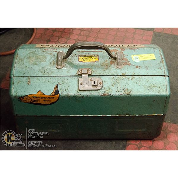 METAL TOOL BOX WITH PLUMBERS TOOLS AND EQUIPMENT