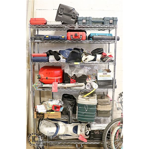 RACK OF ASSORTED TOOLS, EMPTY CASES AND MORE