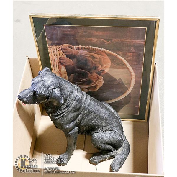 LARGE RESIN DOG (18 INCHES) AND DOG PICTURE