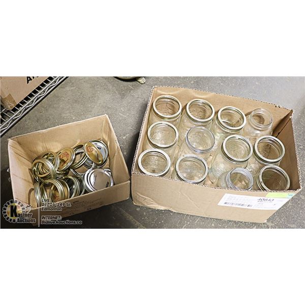 BOX FULL OF MASON JARS DIFFERENT SIZES, COMES WITH