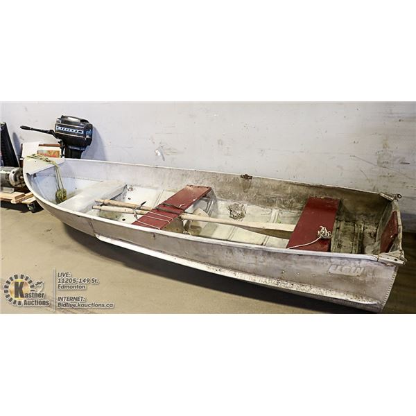 11.5 FOOT  ALUMINUM BOAT W/ OARS AND MERCURY MOTOR