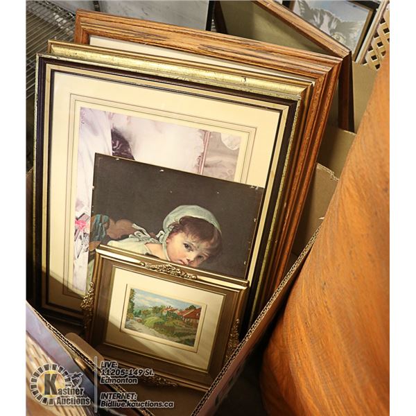 LARGE BOX WITH ESTATE VINTAGE FRAMED ART
