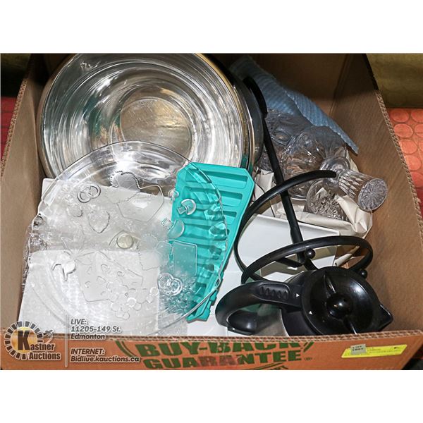 LARGE BOX OF KITCHENWARE INCL. SUNBEAM STEEL