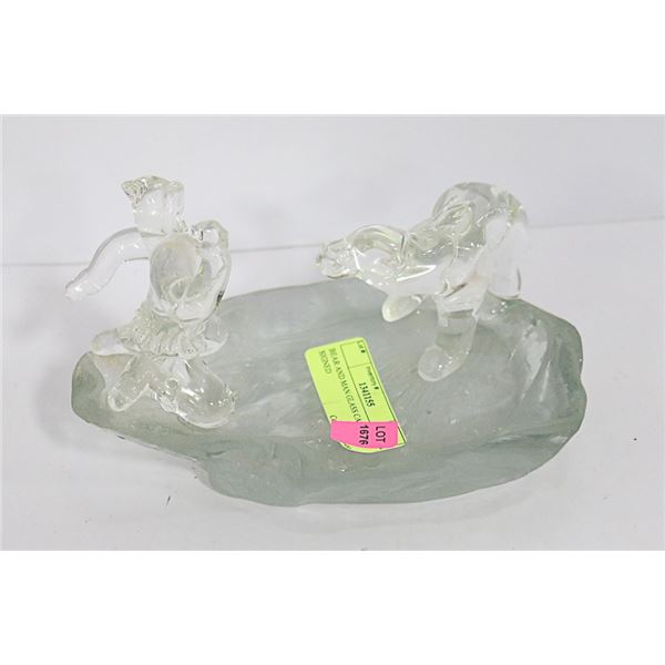 BEAR AND MAN GLASS CARVING. SIGNED