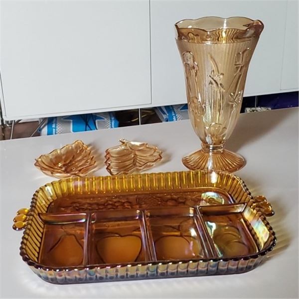 LOT OF AMBER IRIDESCENT CARNIVAL GLASS ITEMS
