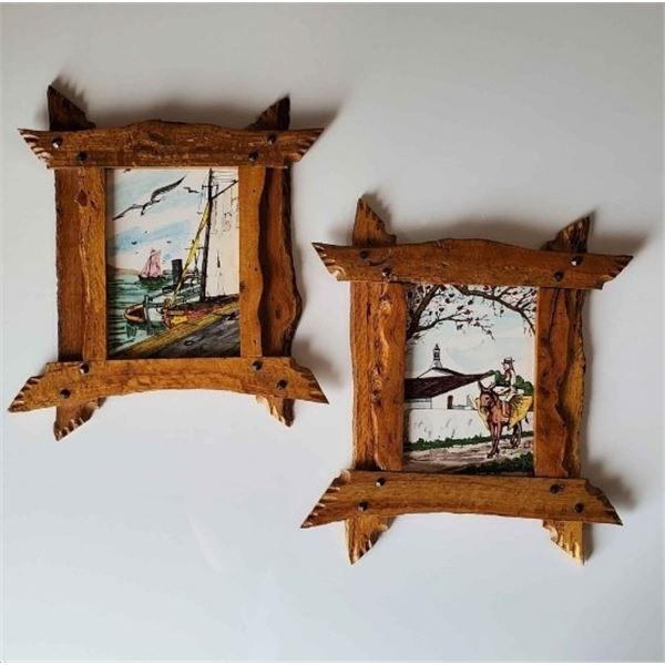 VINTAGE PORTUGUESE PAINTED TILES IN RUSTIC WOODEN