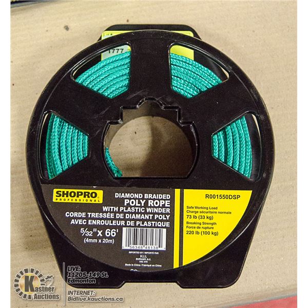 NEW SHOPRO 66 FT GREEN DIAMOND BRAIDED ROPE