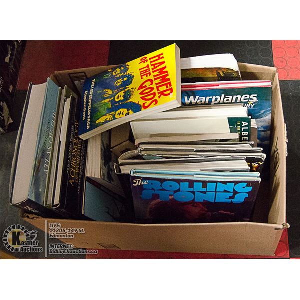 BOX OF LARGE WAR BOOKS, ROCK & ROLL BOOKS