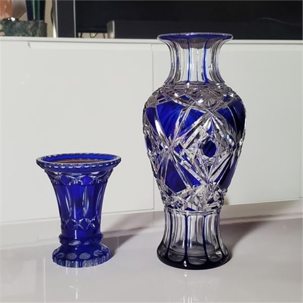 TWO BLUE CUT CRYSTAL VASES