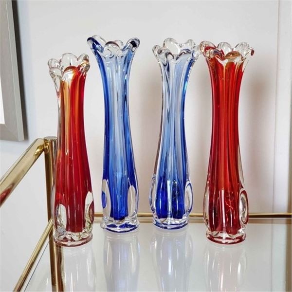 SET OF 4 SWUNG GLASS VASES. MADE IN JAPAN. 6 PETAL