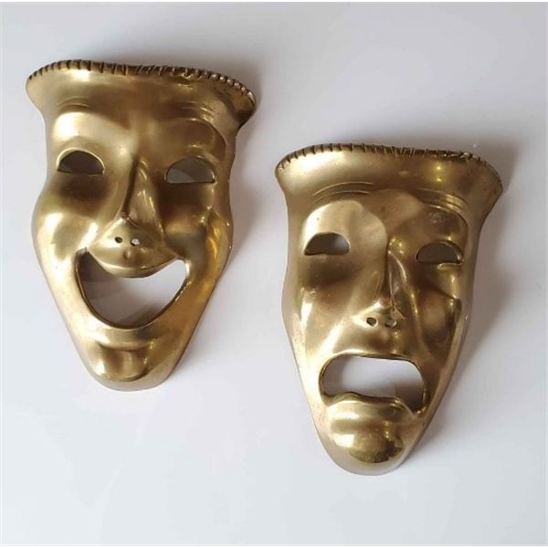 VINTAGE COMEDY AND TRAGEDY BRASS MASK PAIR. 7 INCH