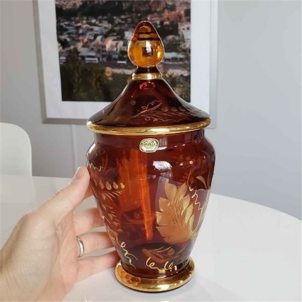 BOHEMIAN CRYSTAL VASE  AMBER  9.5 INCHES TALL