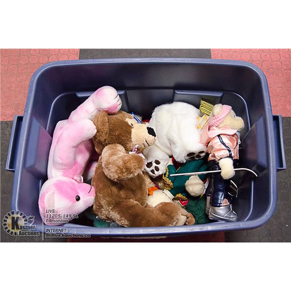 BLUE BIN WITH ASSORTED TEDDY BEARS