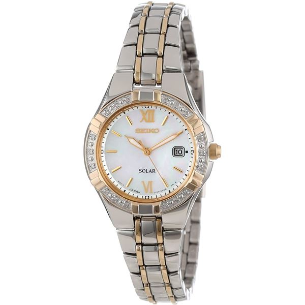NEW SEIKO SOLAR TWO-TONE DIAMOND BEZEL MSRP $509
