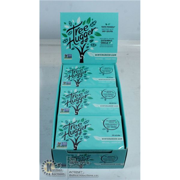 BOX OF TREE HUGGER WINTERGREEN GUM - 12 PACKS 14 STICKS PER PACK. SUGAR FREE, NO ASPARTAME, SOY FREE