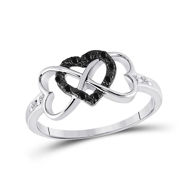 Black Color Enhanced Diamond Triple Trinity Heart Ring 1/10 Cttw Sterling Silver