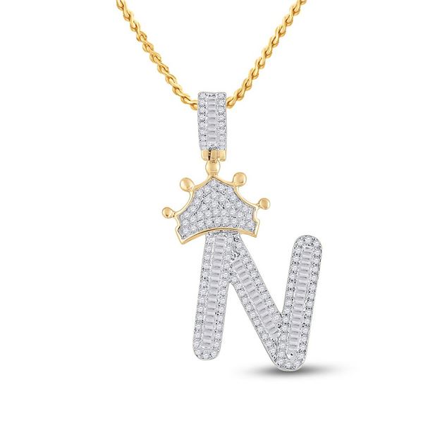 Mens Baguette Diamond Crown N Letter Charm Pendant 3/4 Cttw 10kt Yellow Gold