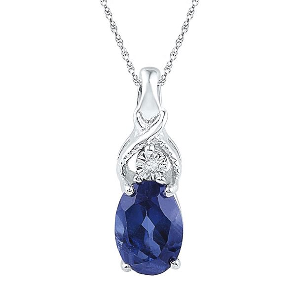 Oval Lab-Created Blue Sapphire Solitaire Diamond Pendant 7/8 Cttw 10kt White Gold