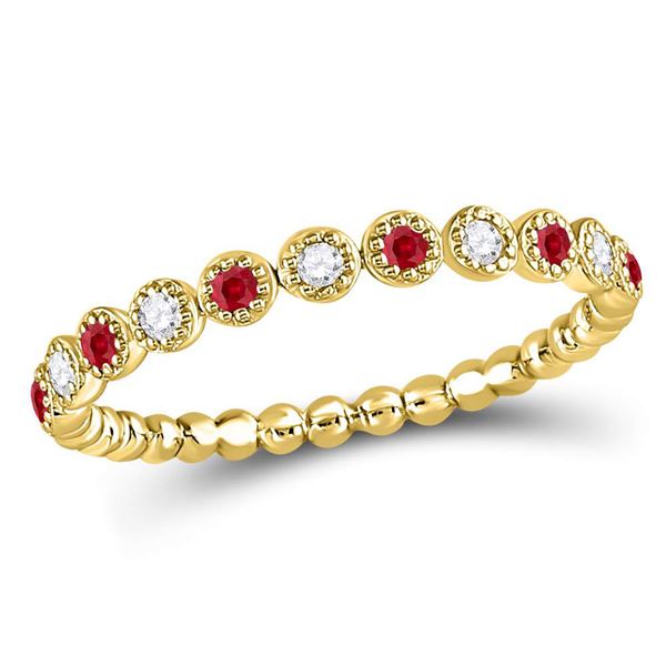 Ruby Diamond Beaded Dot Stackable Band Ring 1/6 Cttw 10kt Yellow Gold