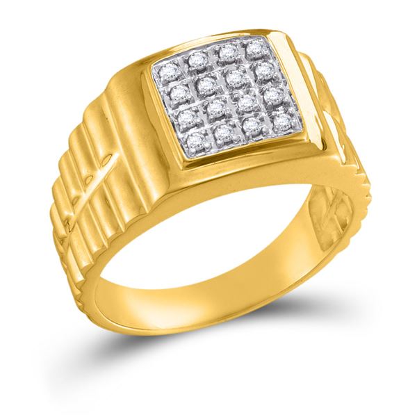 Mens Diamond Square 2-tone Cluster Ring 1/4 Cttw 10kt Yellow Gold