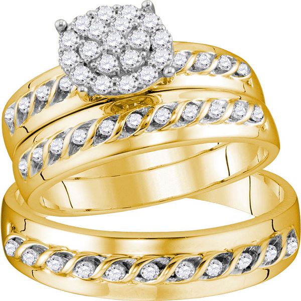 His Hers Diamond Cluster Matching Wedding Set 3/4 Cttw 10kt Yellow Gold