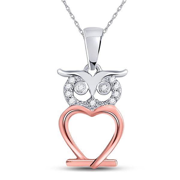 Diamond Owl Bird Animal Pendant 1/20 Cttw 10kt Two-tone Gold