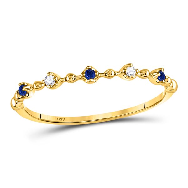 Blue Sapphire Diamond Beaded Stackable Band Ring 1/20 Cttw 10kt Yellow Gold