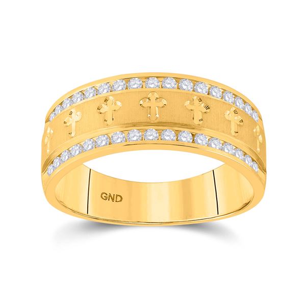 Mens Channel-set Diamond Cross Wedding Band Ring 1/2 Cttw 14kt Yellow Gold